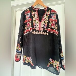 Johnny Was Black Top with Colorful Embroidery